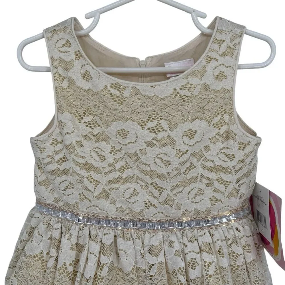Youngland Girls Lace Dress with‎ Sparkle Waistband Cream/Gold Girls Size 4T NWT